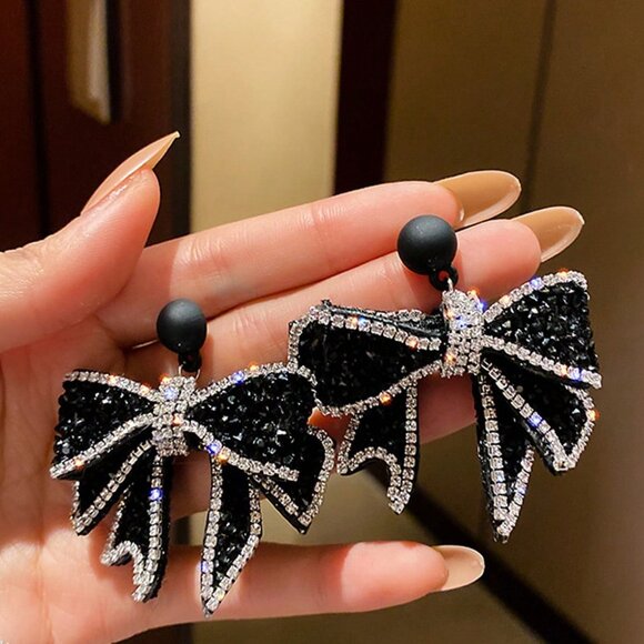 Jewelry - Black Elegant Women's Rhinestone Bowknot Dangle Earrings